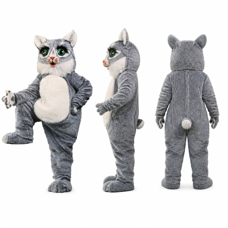 Cat Mascot Costume in Gray and White with Green Eyes Adult