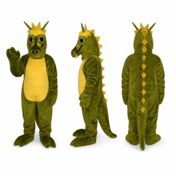 Dragon Mascot Costume in Olive Green with Crown Adult