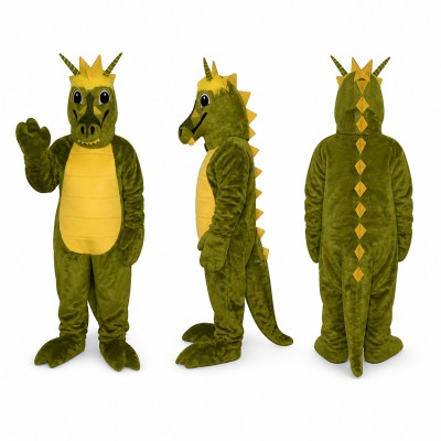 Dragon Mascot Costume in Olive Green with Crown Adult