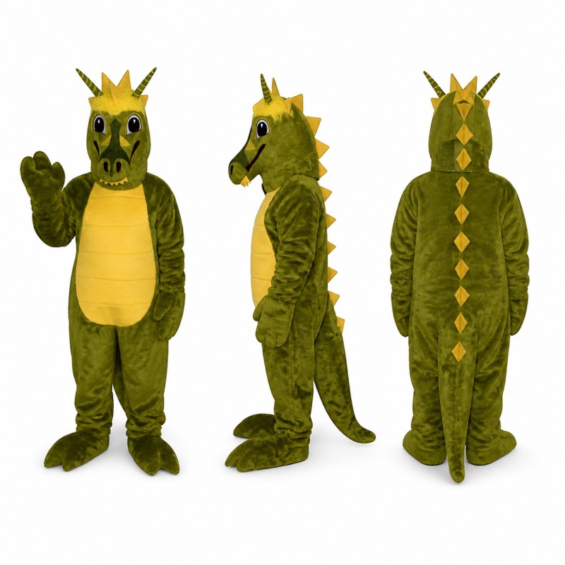 Dragon Mascot Costume in Olive Green with Crown Adult