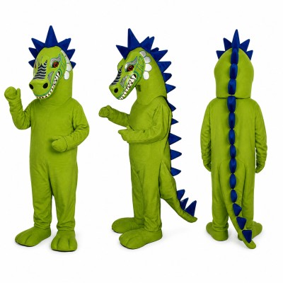 Dragon Mascot Costume in Lime Green with Blue Spikes Adult