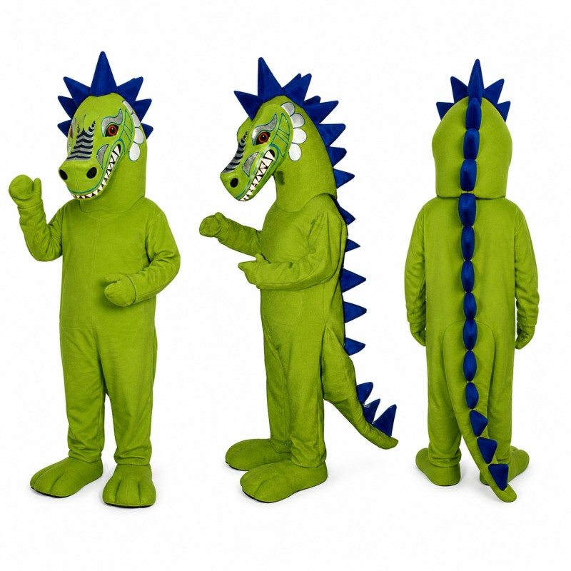 Dragon Mascot Costume in Lime Green with Blue Spikes Adult