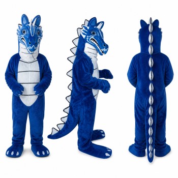 Dragon Mascot Costume in Blue with Silver Belly and Long Tail Adult
