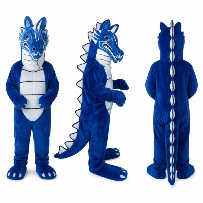 Dragon Mascot Costume in Blue with Silver Belly and Long Tail Adult