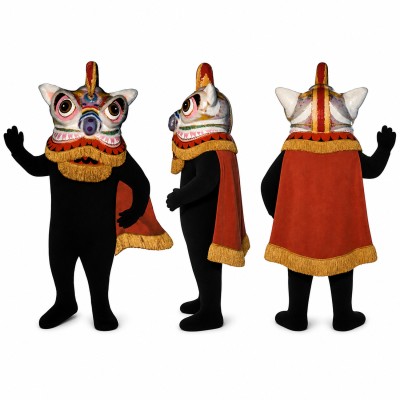 Lion Dance Mascot Costume in Black with Ornate Head Adult