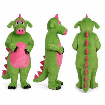 Dragon Mascot Costume in Green with Pink Belly and Spikes Adult