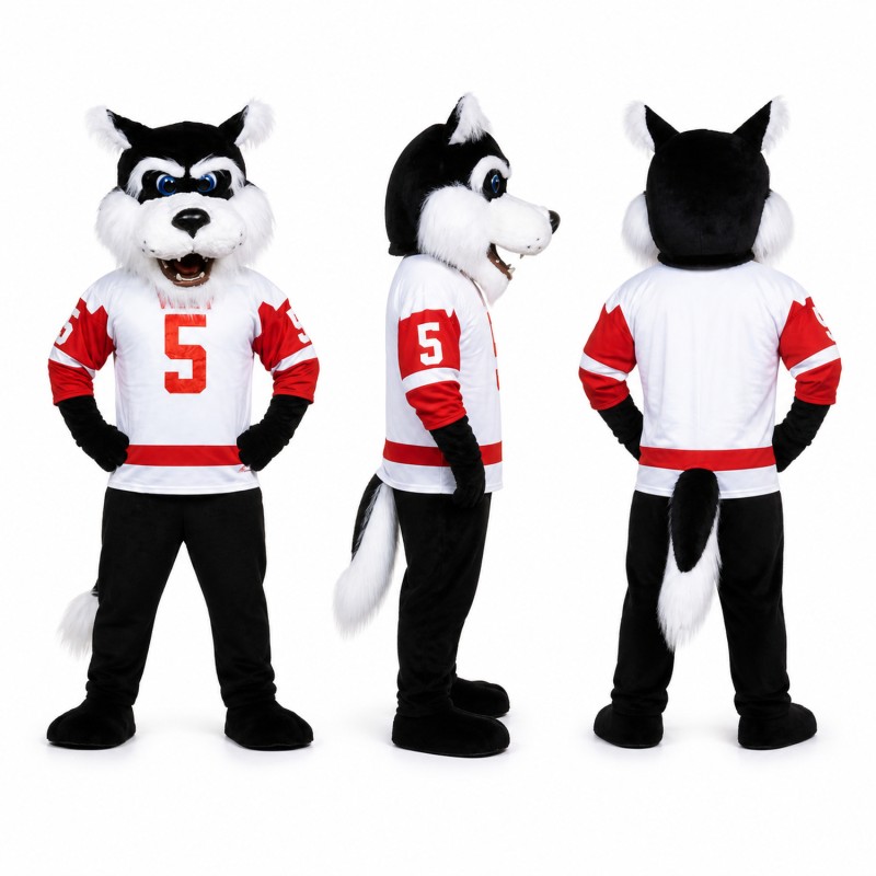 Husky Mascot Costume in Black and White with Sports Jersey Adult