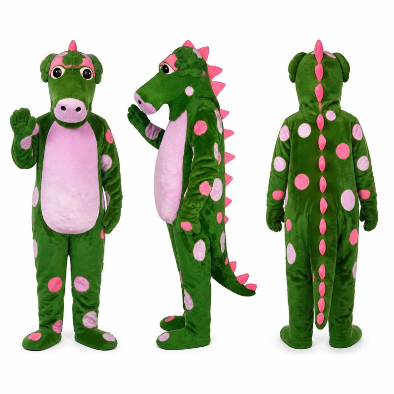 Dragon Mascot Costume in Green with Pink Belly and Spots Adult