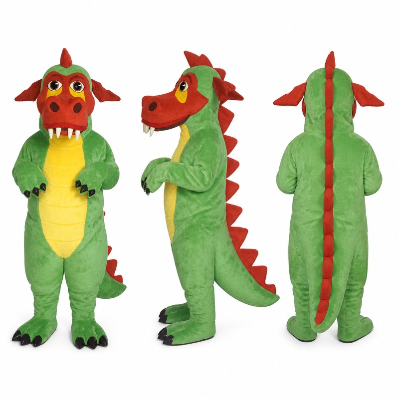 Dragon Mascot Costume in Green and Orange with Yellow Belly Adult