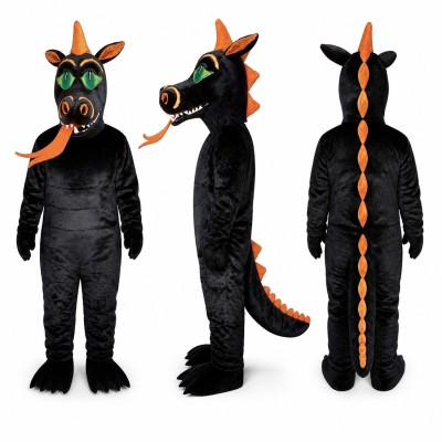 Dragon Mascot Costume in Black with Orange Horns and Green Eyes Adult