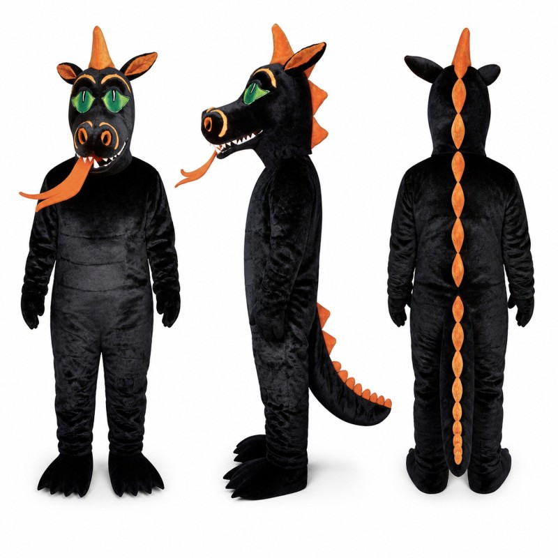Dragon Mascot Costume in Black with Orange Horns and Green Eyes Adult