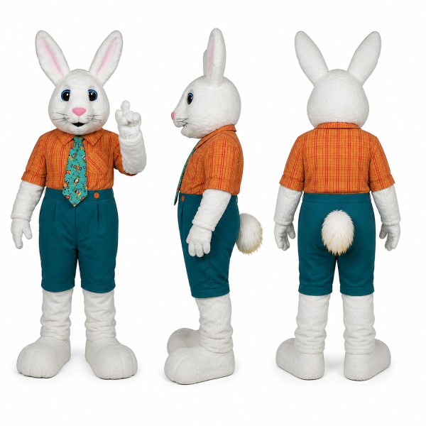 Rabbit Mascot Costume in White with Orange Shirt and Teal Overalls Adult