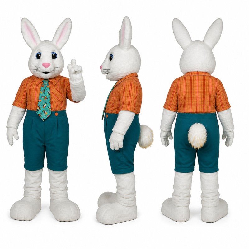 Rabbit Mascot Costume in White with Orange Shirt and Teal Overalls Adult