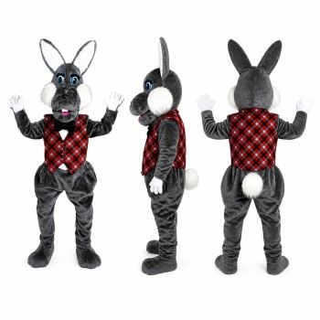 Rabbit Mascot Costume in Gray with Red Argyle Vest Adult