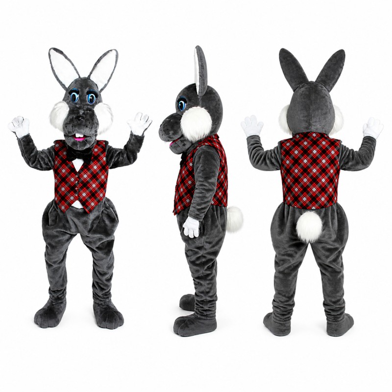 Rabbit Mascot Costume in Gray with Red Argyle Vest Adult