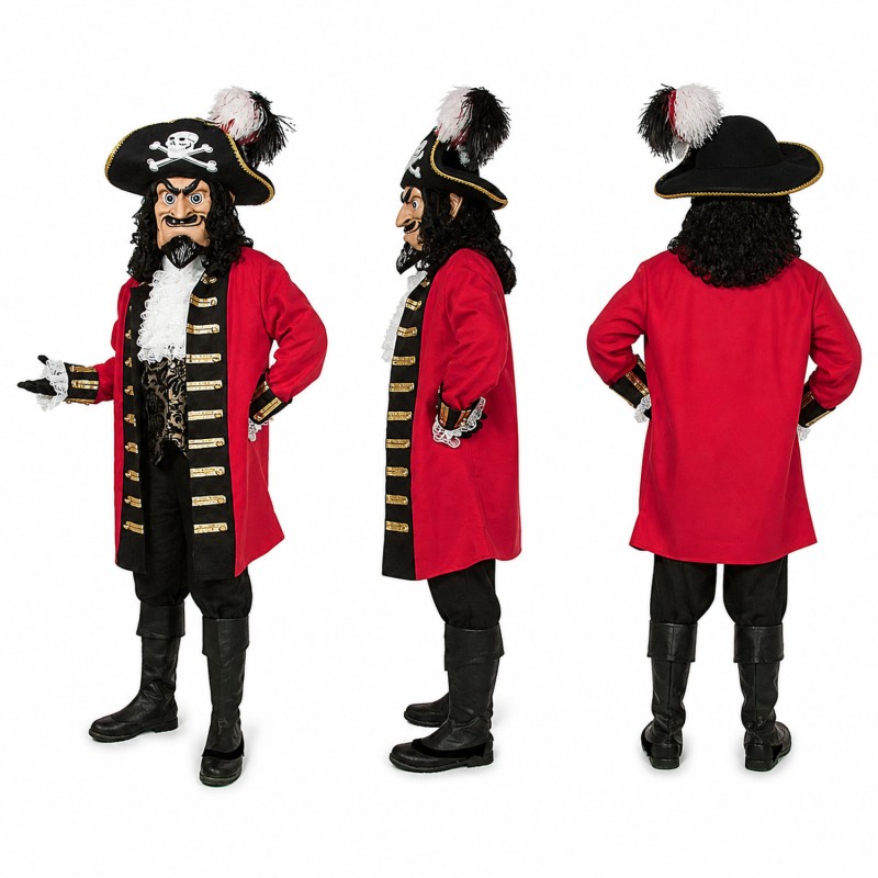 Pirate Captain Mascot Costume in Red and Black with Skull Hat Adult