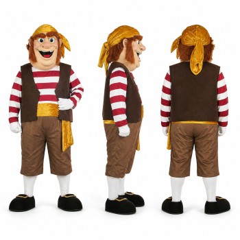 Deckhand Mascot Costume with Red Striped Shirt and Brown Shorts Adult