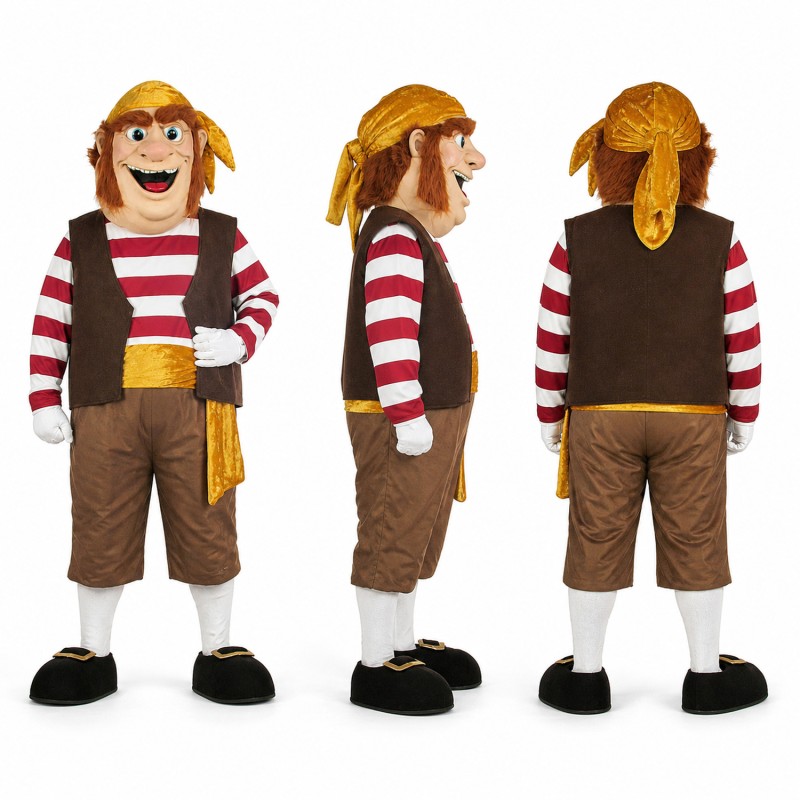 Deckhand Mascot Costume with Red Striped Shirt and Brown Shorts Adult
