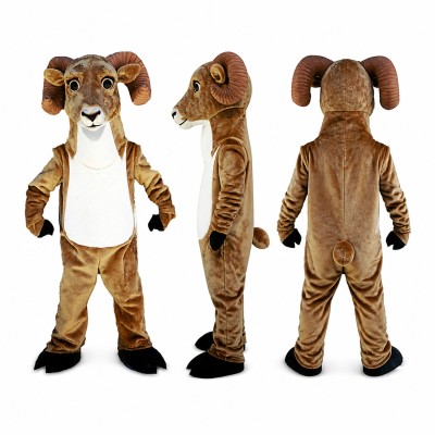 Ram Mascot Costume in Brown and White with Curved Horns Adult