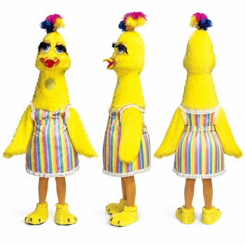 Chicken Mascot Costume in Yellow with Colorful Striped Dress Adult