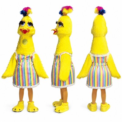 Chicken Mascot Costume in Yellow with Colorful Striped Dress Adult