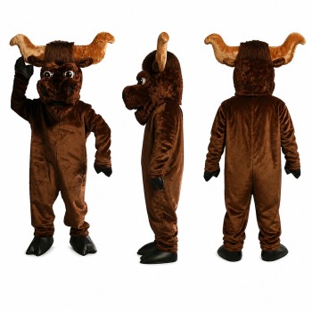 Bull Mascot Costume in Dark Brown with Curved Horns Adult