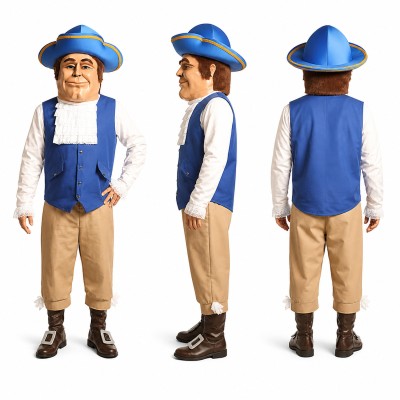 Colonial Gentleman Mascot Costume with Blue Vest and Tricorn Hat Adult