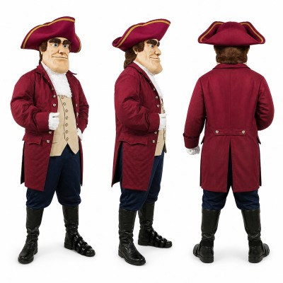 Colonial Gentleman Mascot Costume in Burgundy with Tricorn Hat Adult