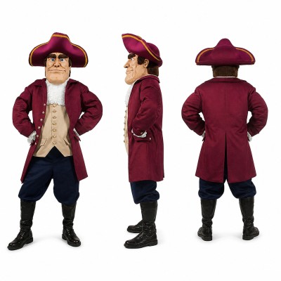 Colonial Gentleman Mascot Costume with Burgundy Coat and Tricorn Hat Adult