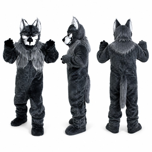 Wolf Mascot Costume in Gray and Black with White Muzzle Adult