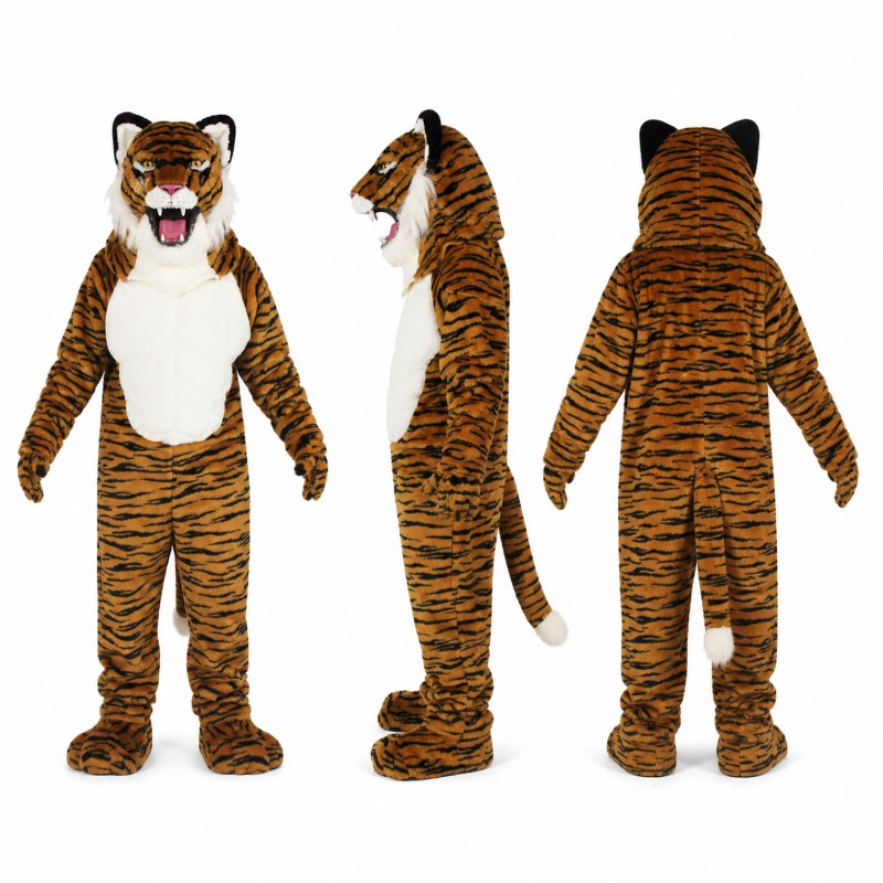 Tiger Mascot Costume in Orange and Black with Open Mouth Adult