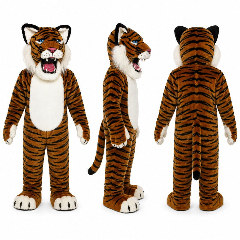 Tiger Mascot Costume in Orange and Black with Long Tail Adult