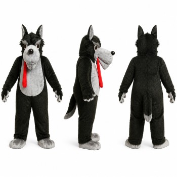 Wolf Mascot Costume in Black and Gray with Red Tongue Adult