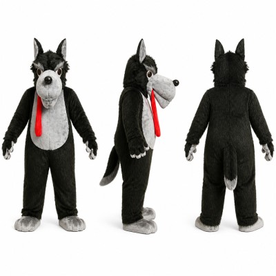 Wolf Mascot Costume in Black and Gray with Red Tongue Adult