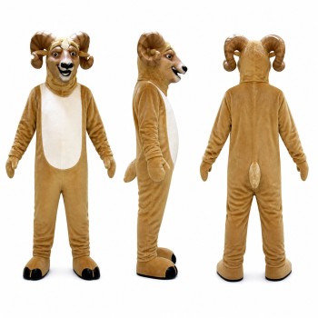 Ram Mascot Costume in Brown with White Belly and Curved Horns Adult