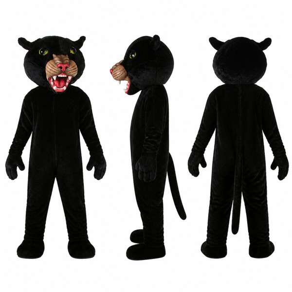 Panther Mascot Costume in Black with Pink Nose and Open Mouth Adult