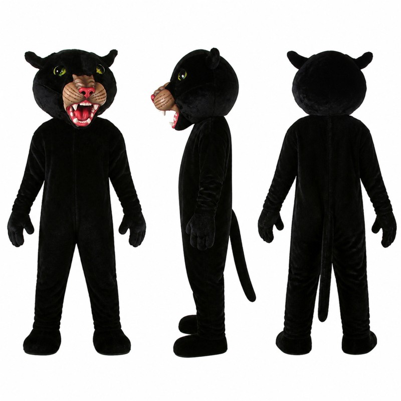 Panther Mascot Costume in Black with Pink Nose and Open Mouth Adult
