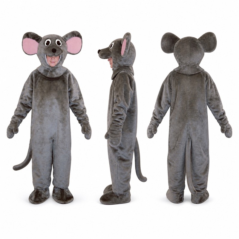 Mouse Mascot Costume in Gray with Pink Ears and Long Tail Adult