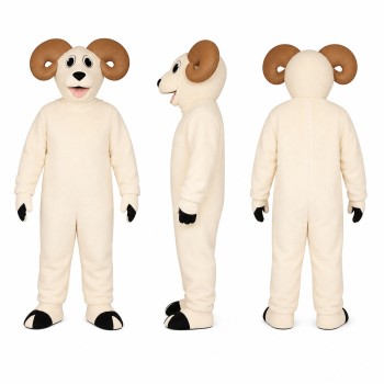 Ram Mascot Costume in Cream with Brown Curved Horns Adult