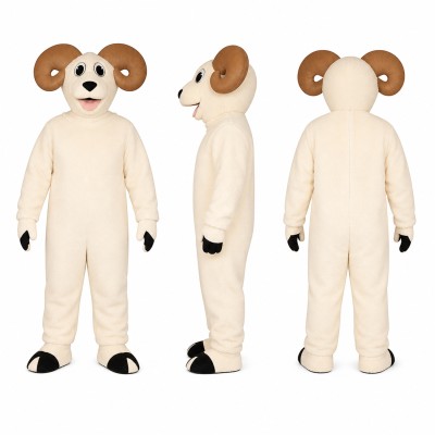 Ram Mascot Costume in Cream with Brown Curved Horns Adult