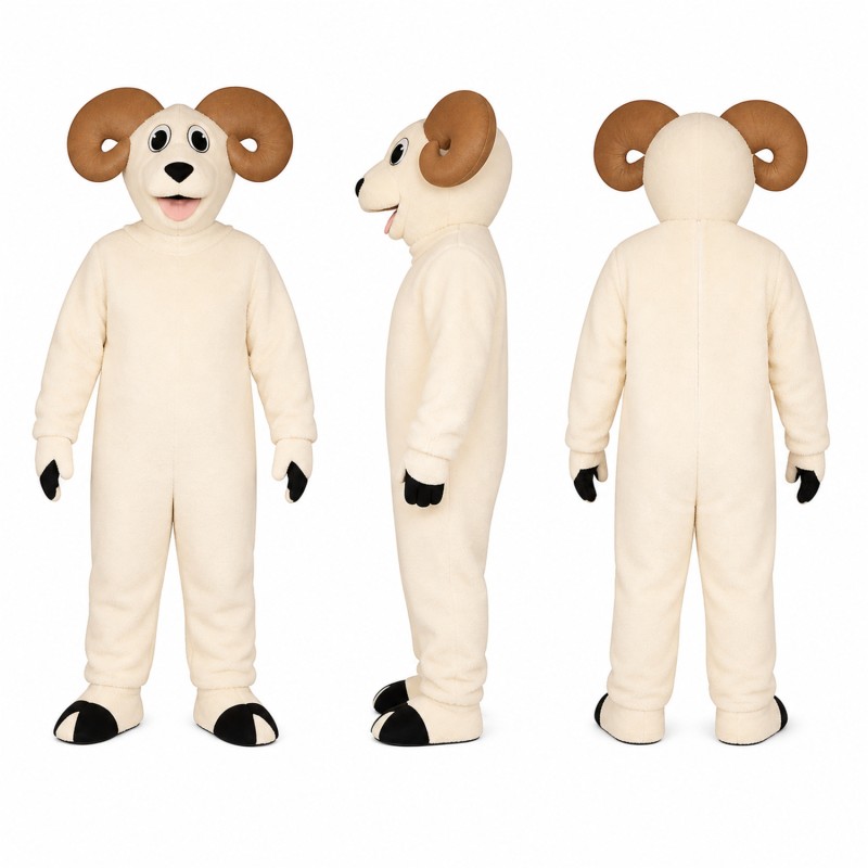 Ram Mascot Costume in Cream with Brown Curved Horns Adult