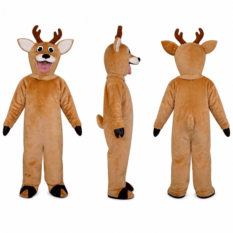 Reindeer Mascot Costume in Brown with Antlers and Red Nose Adult