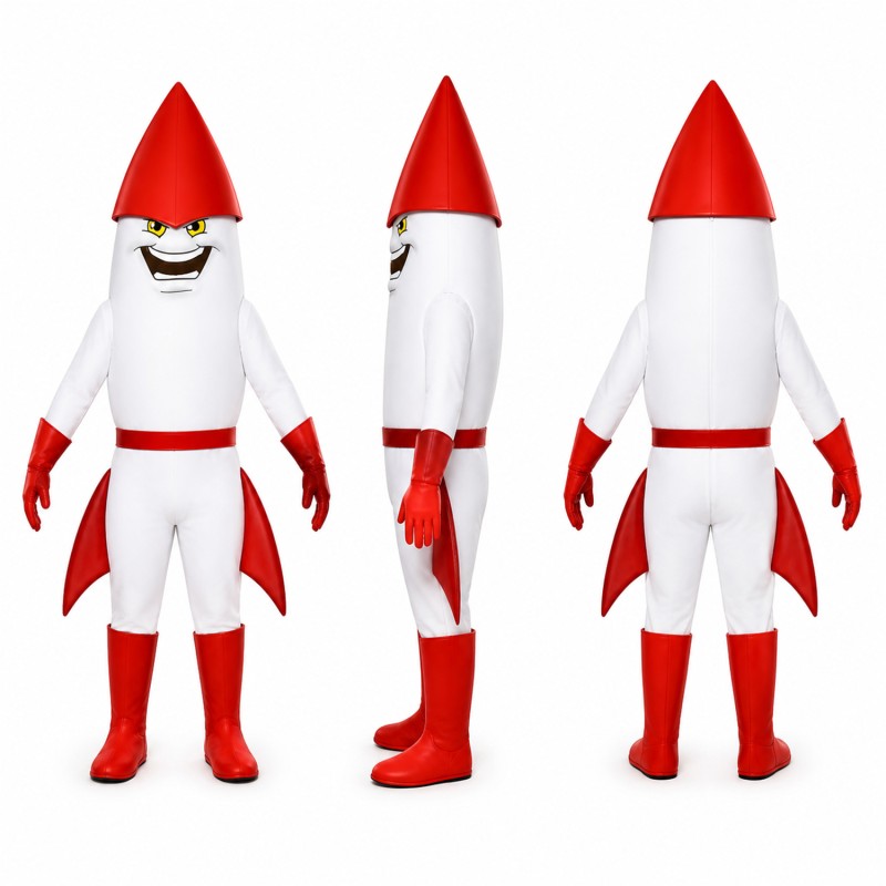 Rocket Mascot Costume in White and Red with Pointed Nose Adult