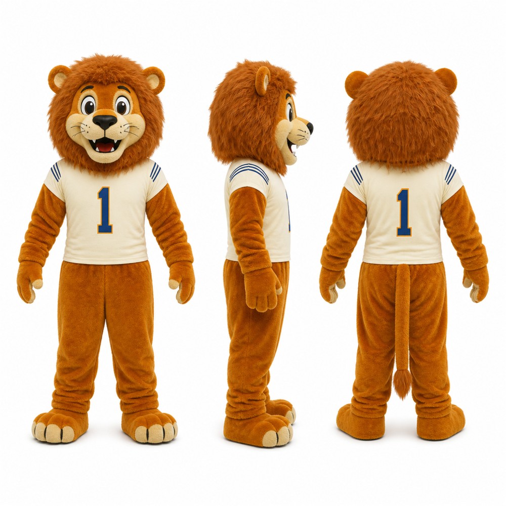 Lion Mascot Costume in Golden Brown with White Sports Shirt Adult Lion Mascot Costume in Golden Brown with White Sports Shirt Adult