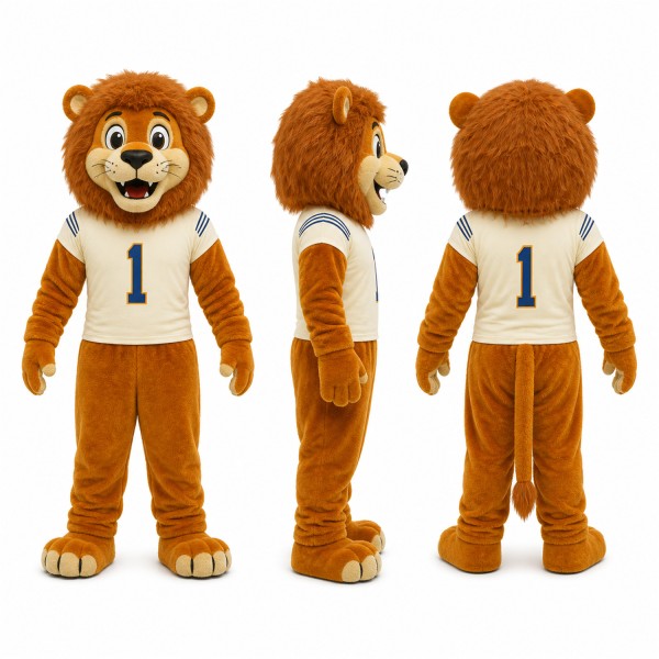Lion Mascot Costume in Golden Brown with White Sports Shirt Adult