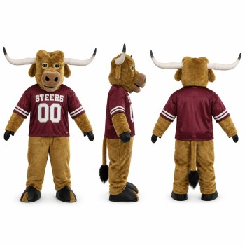 Longhorn Bull Mascot Costume in Brown with Maroon Sports Jersey Adult