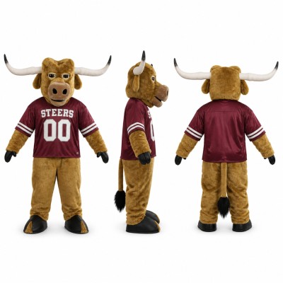 Longhorn Bull Mascot Costume in Brown with Maroon Sports Jersey Adult