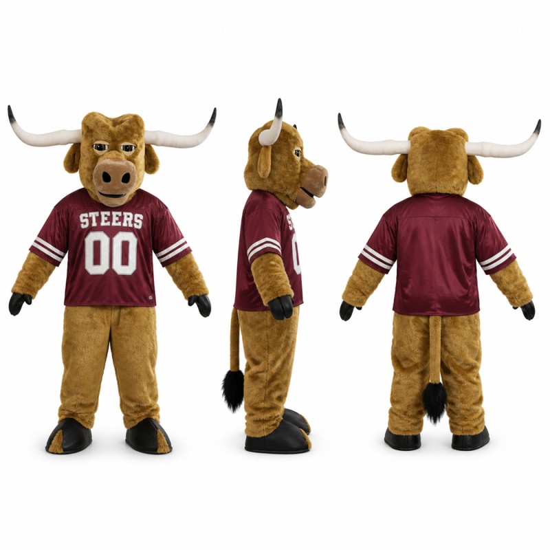 Longhorn Bull Mascot Costume in Brown with Maroon Sports Jersey Adult