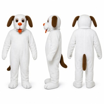 Dog Mascot Costume in White with Brown Ears and Red Nose Adult