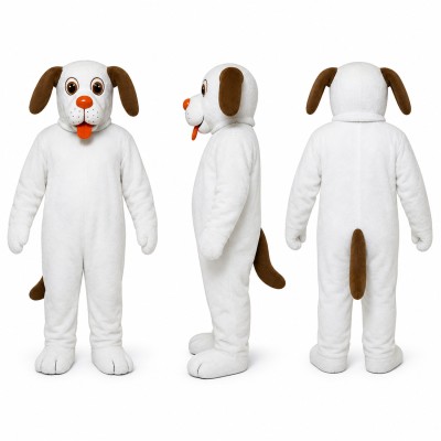 Dog Mascot Costume in White with Brown Ears and Red Nose Adult